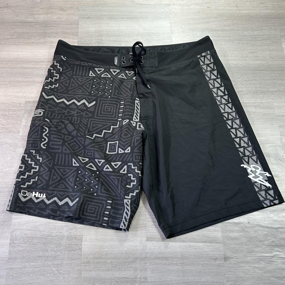 DaHui Boardshorts Mens 38 Black Aztec Print Surf Swim Trunks Stretch